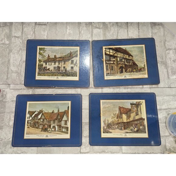 Set of‎ 4 Vtg Blue Pimpernel Placemats Old English Inns Cork Backs 9" x 12" - Picture 1 of 7